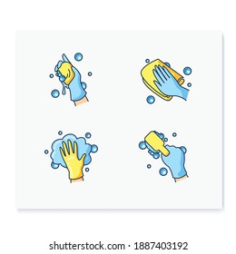 Surface wiping color icons set. Housekeeper hand in glove collection. Wet cleaning with sponge, brush napkin and more. Housekeeping and surface disinfection concept. Isolated vector illustration