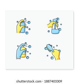 Surface wiping color icons set. Housekeeper hand in glove collection. Wet cleaning with detergent, brush, spray and more. Housekeeping and surface disinfection concept. Isolated vector illustration