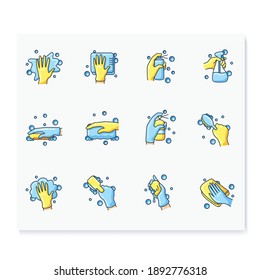 Surface wiping color icons set. Housekeeper hand collection. Wet cleaning with sponge, detergent, brush, napkin and more. Housekeeping and surface disinfection concept. Isolated vector illustration
