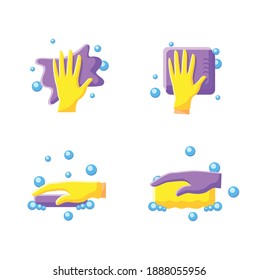 Surface wiping flat icons set. Housekeeper hand in glove pictogram collection. Wet cleaning with sponge, soap and more.Housekeeping and surface disinfection concept. Color vector illustrations