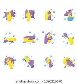 Surface wiping flat icons set. Housekeeper hand pictogram collection. Wet cleaning with sponge, brush, napkin and more. Housekeeping and surface disinfection concept. Isolated color illustrations