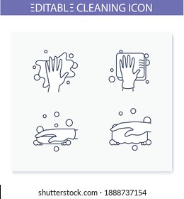 Surface wiping line icons set. Housekeeper hand in glove collection. Wet cleaning with sponge, soap and more.Housekeeping and surface disinfection concept. Isolated vector illustration.Editable stroke