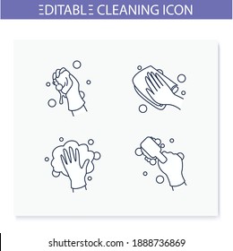 Surface Wiping Line Icons Set.Housekeeper Hand In Glove Collection.Wet Cleaning With Sponge, Brush And More. Housekeeping And Surface Disinfection Concept. Isolated Vector Illustration.Editable Stroke