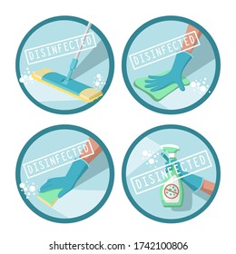 Surfaces, such as walls, tables, countertops, floors, are disinfected. Cartoon vector icons isolated on white background.