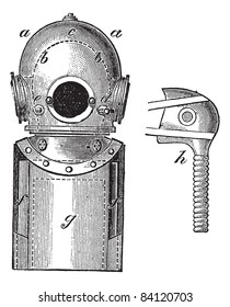 Surface-supplied Diving Equipment, vintage engraved illustration. Trousset encyclopedia (1886 - 1891).