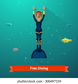 Surfacing free diver woman in wetsuit, monofin and mask. Flat style vector isolated illustration.