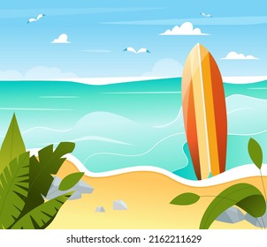 Surfboad on a beach, landscape with ocean, sky and sand, tropical plants. Vector illustration in flat style