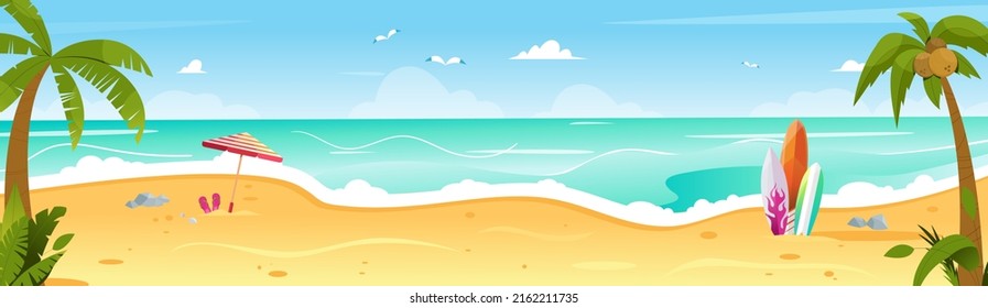 Surfboad on a beach, landscape with ocean, sky and sand, tropical plants and coconut tree, beach umbrella. Vector illustration in flat style