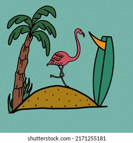 surfboad,palm tree and flamingo in islad