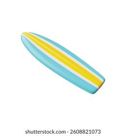Surfboard 3D plastic cartoon style icon. Realistic surfing board striped blue and yellow design. Vector sports equipment for active sport on water. Active recreation on sea, oceanic coast. Ride wave