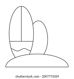Surfboard aquatics sport Sand Summer coast Vector. Black and white. White background. Line drawing.