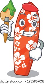 Surfboard artist cartoon picture style paint a landscape using a brush. Vector illustration