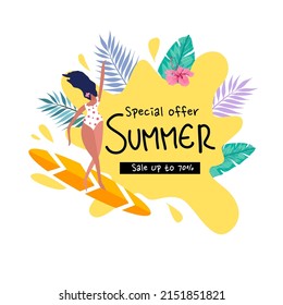 Surfboard banner.Summer and Tropical banner. Banner ,Frame ,Card design.colorful background.