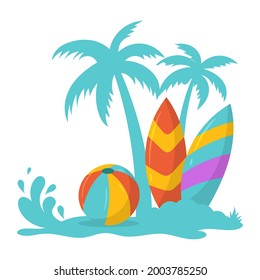 Surfboard, beach ball and coconut trees. Simple flat design Summer badges 