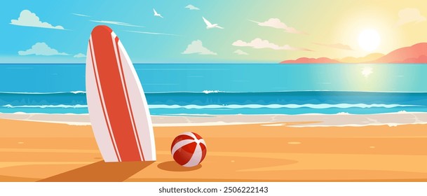 Surfboard and Beach Ball on Sandy Beach at Sunset. Vector illustration