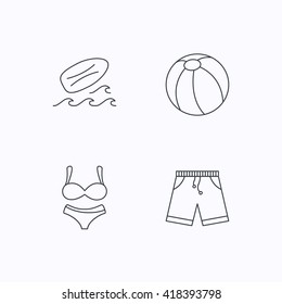 Surfboard, beach ball and trunks icons. Shorts linear sign. Flat linear icons on white background. Vector