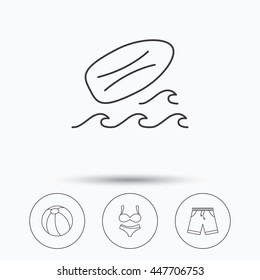 Surfboard, beach ball and trunks icons. Shorts linear sign. Linear icons in circle buttons. Flat web symbols. Vector