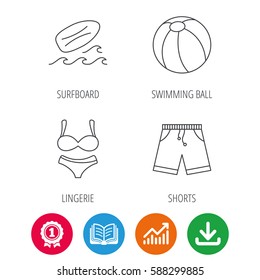 Surfboard, beach ball and trunks icons. Shorts linear sign. Award medal, growth chart and opened book web icons. Download arrow. Vector