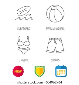 Surfboard, beach ball and trunks icons. Shorts linear sign. Shield protection, calendar and new tag web icons. Vector