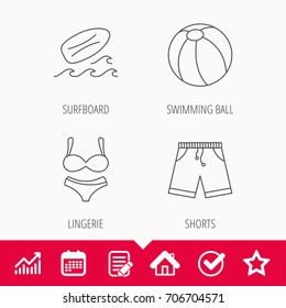Surfboard, beach ball and trunks icons. Shorts linear sign. Edit document, Calendar and Graph chart signs. Star, Check and House web icons. Vector