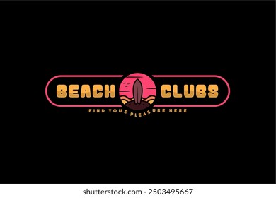 Surfboard and Beach club badge emblem logo vector icon illustration