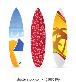 surfboard with beach item on it set illustration in colorful