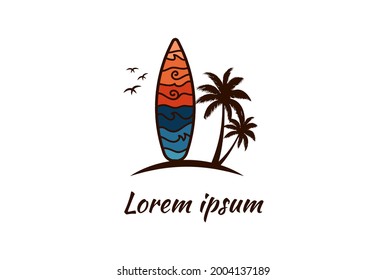 Surfboard Beach, Sea Surf with Hawaiian motif tribal and Palm Tree logo design vector