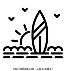 Surfboard y playa con icono de línea de puesta de sol, concepto de verano, señalización de surf sobre fondo blanco, tabla de surf sobre el icono de arena en forma de contorno para el concepto móvil y el diseño web. Gráficos vectoriales