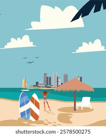 surfboard bikini woman city nippa beach chair birds clouds