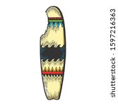 Surfboard bitten by shark sketch engraving vector illustration. T-shirt apparel print design. Scratch board style imitation. Black and white hand drawn image.