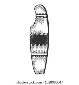 Surfboard bitten by shark sketch engraving vector illustration. T-shirt apparel print design. Scratch board style imitation. Black and white hand drawn image.