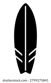 Surfboard black silhouette icon isolated on white background. Minimal bold vector-style illustration of a single surfing board with center line and decorative stripes for water sports, beach, summer, sticker, decal, logo, label, and cutting file design.