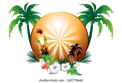 surfboard with buitton and palm trees