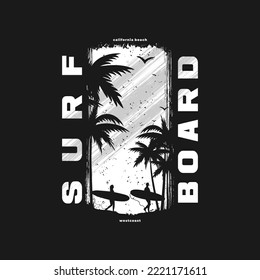  surfboard California illustration, tee shirt graphics, typography