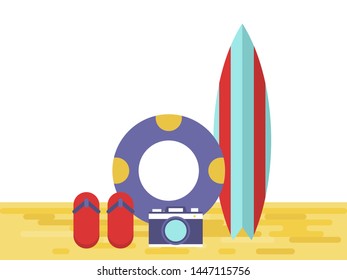 Surfboard ,camera, swim ring and flip flops vector illustration