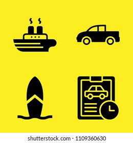 surfboard, car repair, ship and pickup truck vector icon set. Sample icons set for web and graphic design