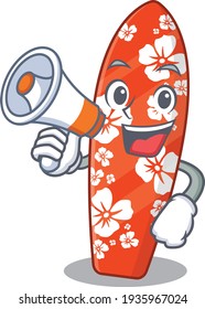 Surfboard carton picture style giving announcement on a megaphone. Vector illustration