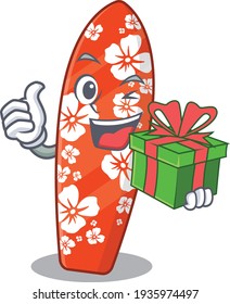 El concepto de personaje de dibujos animados en Surfboard con una gran caja de regalo. Ilustración del vector