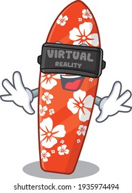 Surfboard cartoon image play a game with Virtual Reality headset. Vector illustration