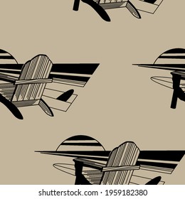 Surfboard and chair at sunset seamless pattern in vector.