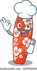 Surfboard chef cartoon drawing style wearing iconic chef hat. Vector illustration