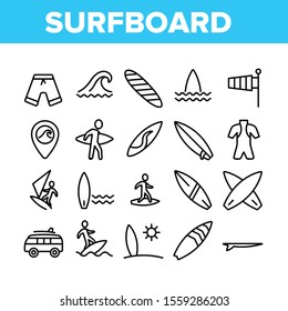 Surfboard Collection Elements Icons Set Vector Thin Line. Human Silhouette On Surfboard And Wave, Swimming Suit And Van, Gps Mark And Shorts Concept Linear Pictograms. Monochrome Contour Illustrations