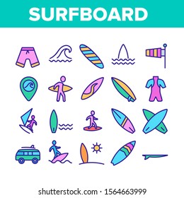 Surfboard Collection Elements Icons Set Vector Thin Line. Human Silhouette On Surfboard And Wave, Swimming Suit And Van, Gps Mark And Shorts Concept Linear Pictograms. Color Contour Illustrations