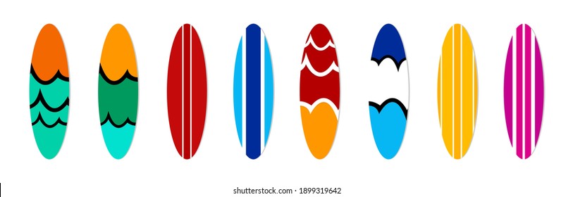 Surfboard collection on white background isolated vector illustrations. Summer design element. Flat style. 