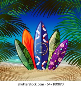 surfboard with color pattern on the beach 
