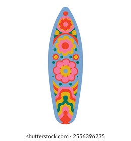 a surfboard with colorful, intricate floral patterns in pink, yellow, red, green, and blue, creating a vibrant and artistic design.