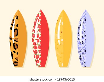 Surfboard with colorful vibrant modern prints. Vector stock illustration