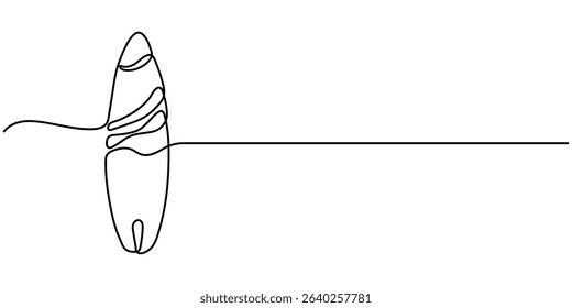 surfboard continuous one line drawing, Continuous one line drawing of surfing longboard design. Surfboard in single line draw illustration. Editable stroke, Single one line drawing Surfboard, surfer.