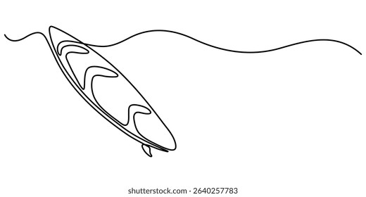  surfboard continuous one line drawing, Continuous one line drawing of surfing longboard design. Surfboard in single line draw illustration. Editable stroke, Single one line drawing Surfboard, surfer.