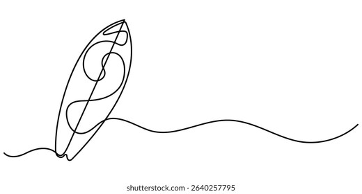  surfboard continuous one line drawing, Continuous one line drawing of surfing longboard design. Surfboard in single line draw illustration. Editable stroke, Single one line drawing Surfboard, surfer.